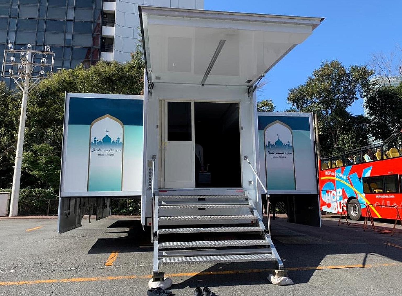 A Mobile Mosque with a 48 sq m prayer room is parked in Tokyo. The room opens up on the back of a truck, giving a portable solution for Muslims looking for a safe and clean place to pray during the Olympics and Paralympics. PHOTO: REUTERS