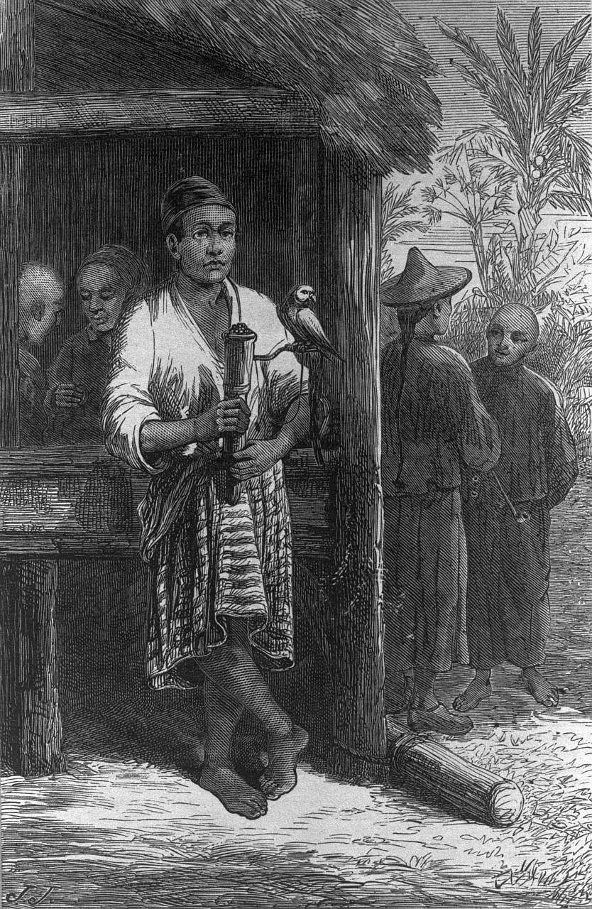An illustration of a bird seller hawking his ware. Prof Barnard's book sheds light on other little-known facts about Singapore's past. For example, there was an active market for birds which were ferried on Bugis trading vessels from the eastern arch