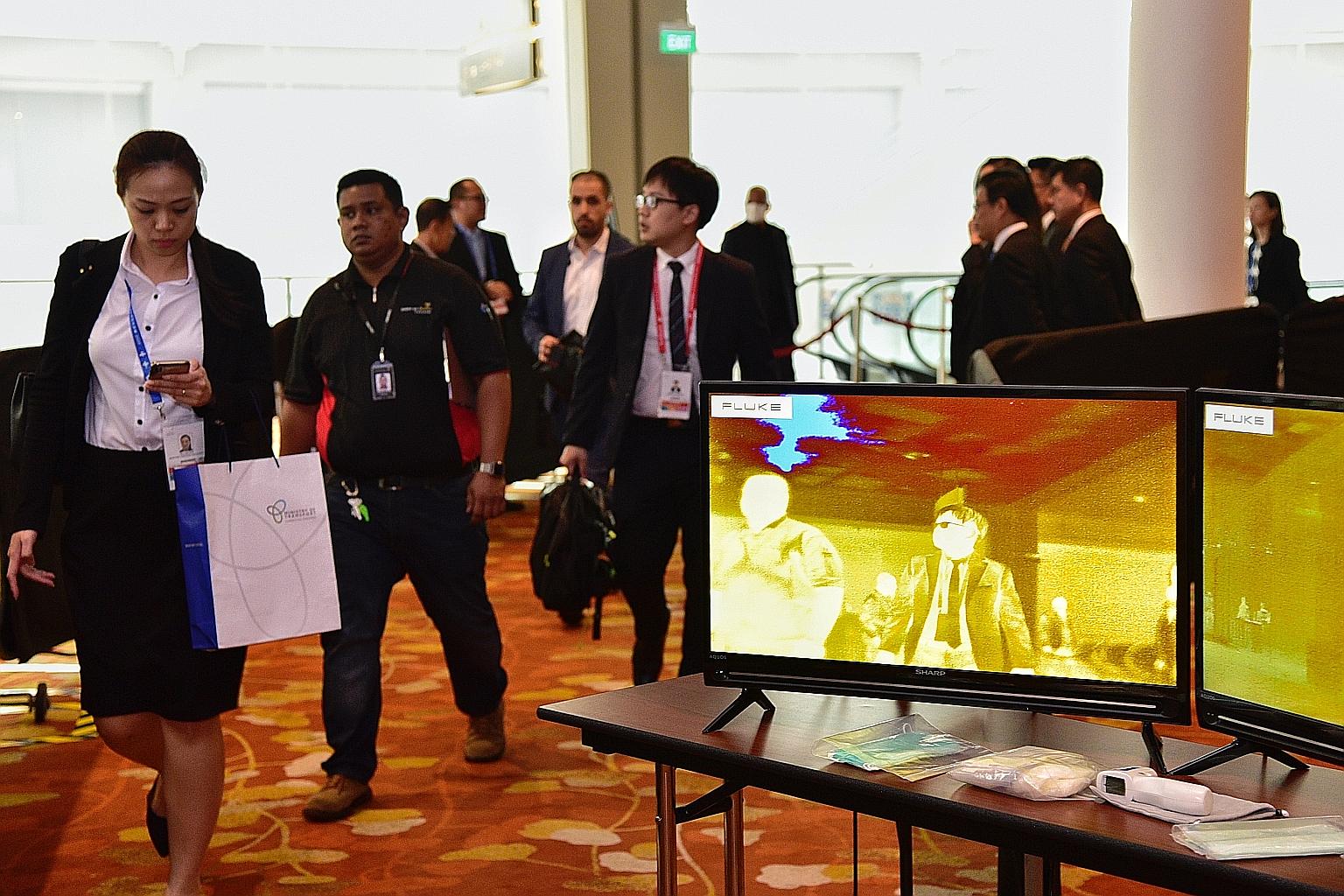 Delegates and guests of the opening ceremony and welcome reception of the Singapore Airshow 2020 at Marina Bay Sands had to walk past thermal scanners set up in the light of the ongoing coronavirus situation. Yesterday was the first full working day