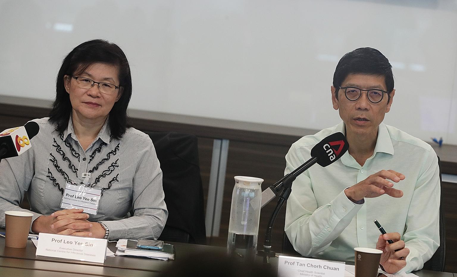 Professor Leo Yee Sin (left), executive director of the National Centre for Infectious Diseases, and Professor Tan Chorh Chuan, chief health scientist at the Ministry of Health, at a press conference yesterday. ST PHOTO: KELVIN CHNG
