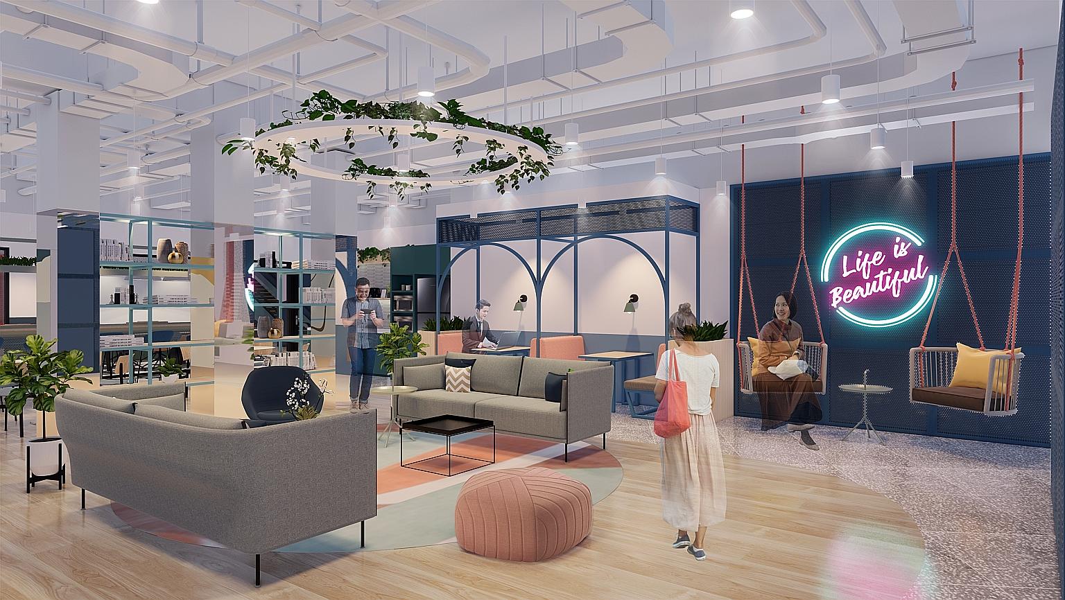 An artist's impression of the lounge area of co-working space operator JustCo's "smart" centre at The Centrepoint. The facility is expected to open in the third quarter of this year. PHOTO: JUSTCO