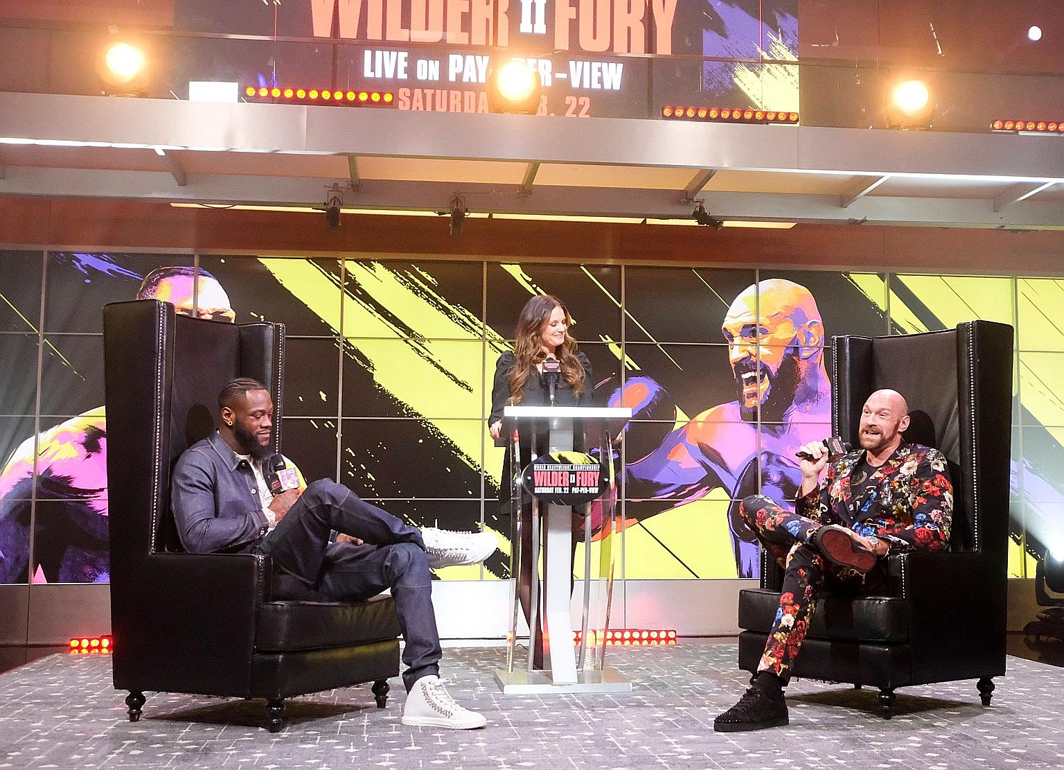 Deontay Wilder (left) and Tyson Fury at a press conference in Los Angeles on Jan 25, ahead of their rematch in Las Vegas on Feb 22. The 12-round battle of unbeaten fighters is for Wilder's WBC crown. PHOTO: AGENCE FRANCE-PRESSE