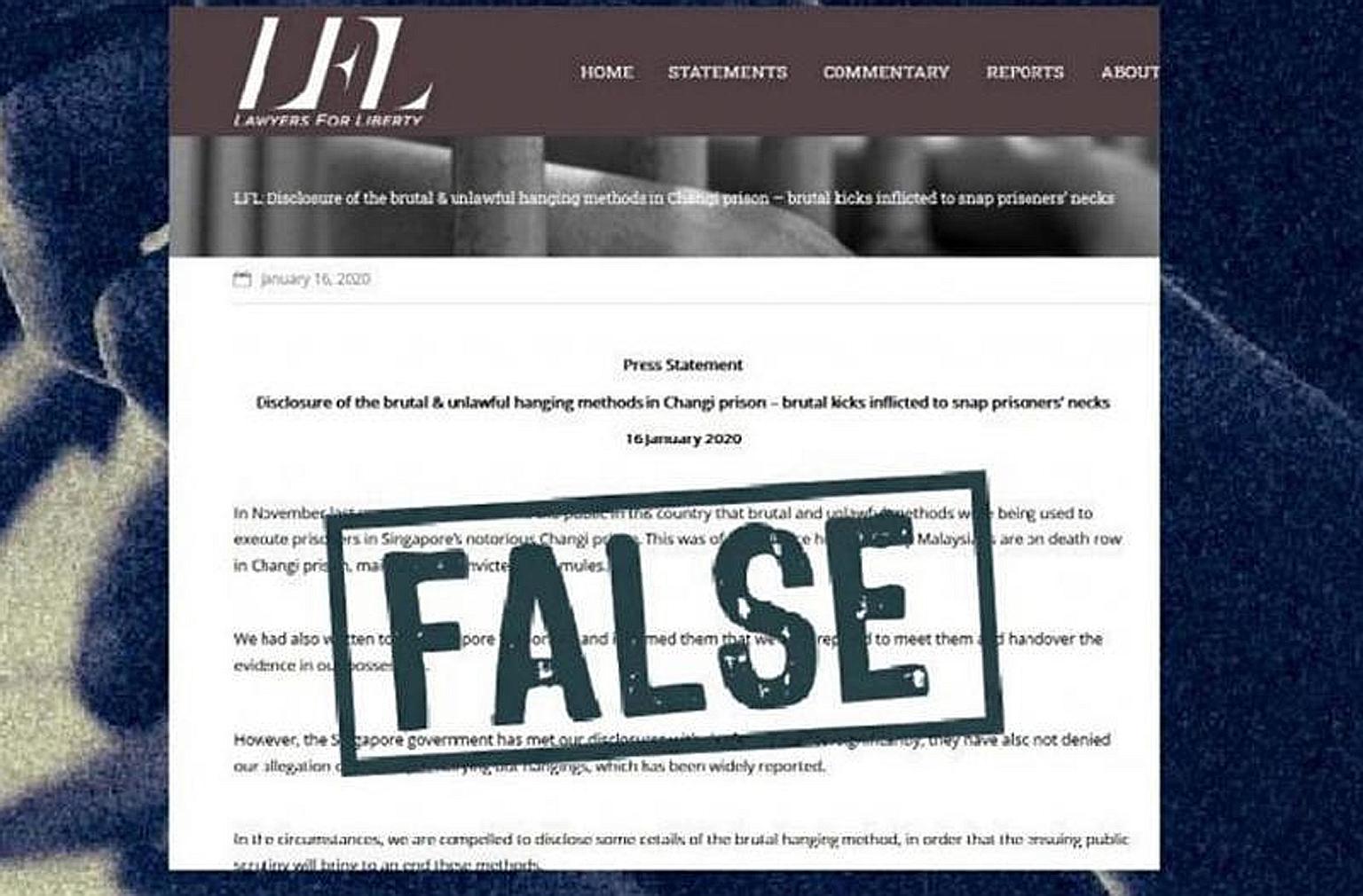 A screengrab from the Gov.sg website stating that the press statement by Malaysian NGO Lawyers for Liberty, which contained allegations by a former Singapore prison officer about executions, is false. Lawyer M. Ravi is representing two men who sought