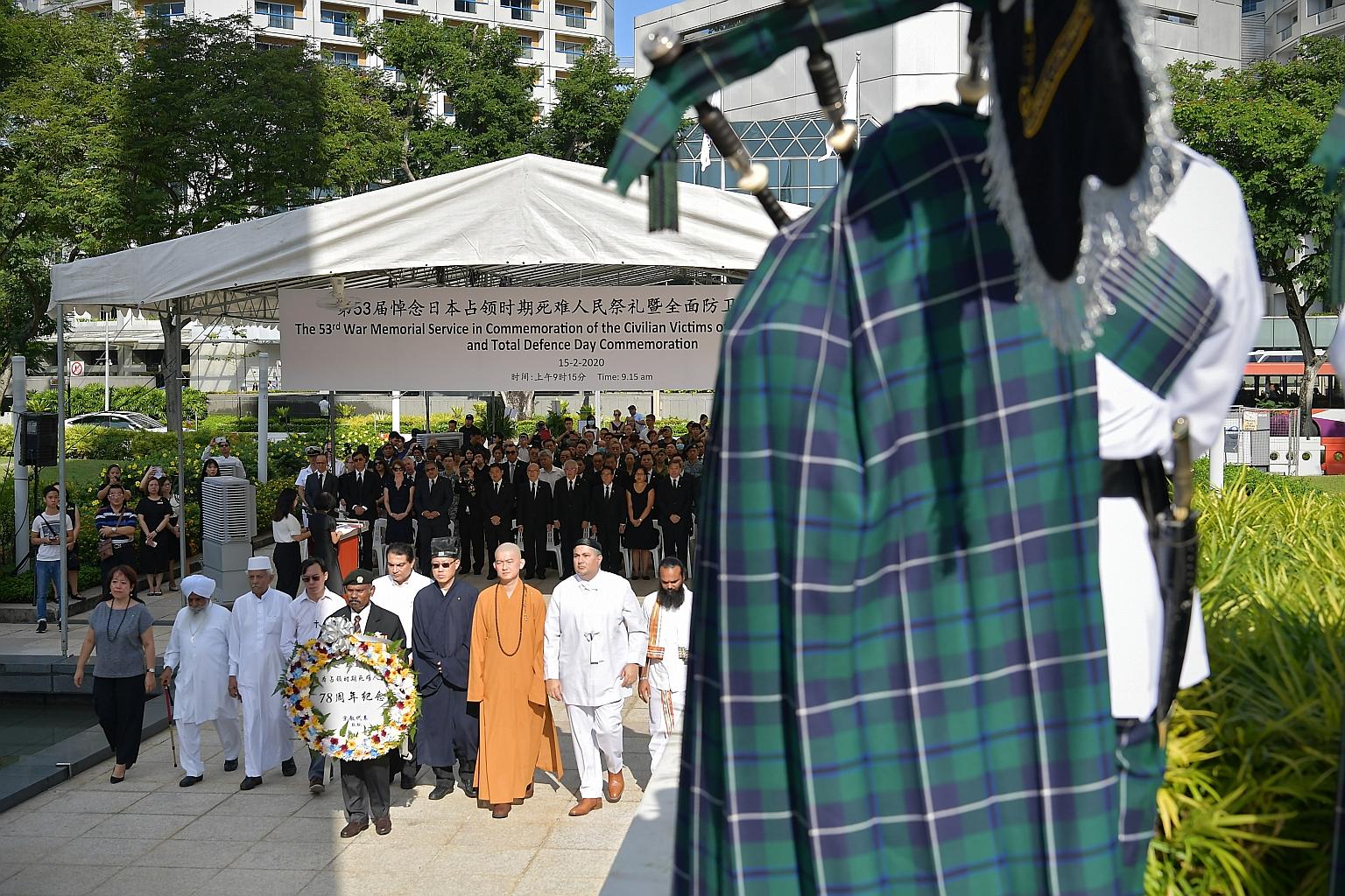 The bugle call of the Last Post pierced the air at the War Memorial Park in Beach Road yesterday morning, during the 53rd War Memorial Service held in commemoration of the civilian victims of the Japanese Occupation. The event, held in conjunction wi