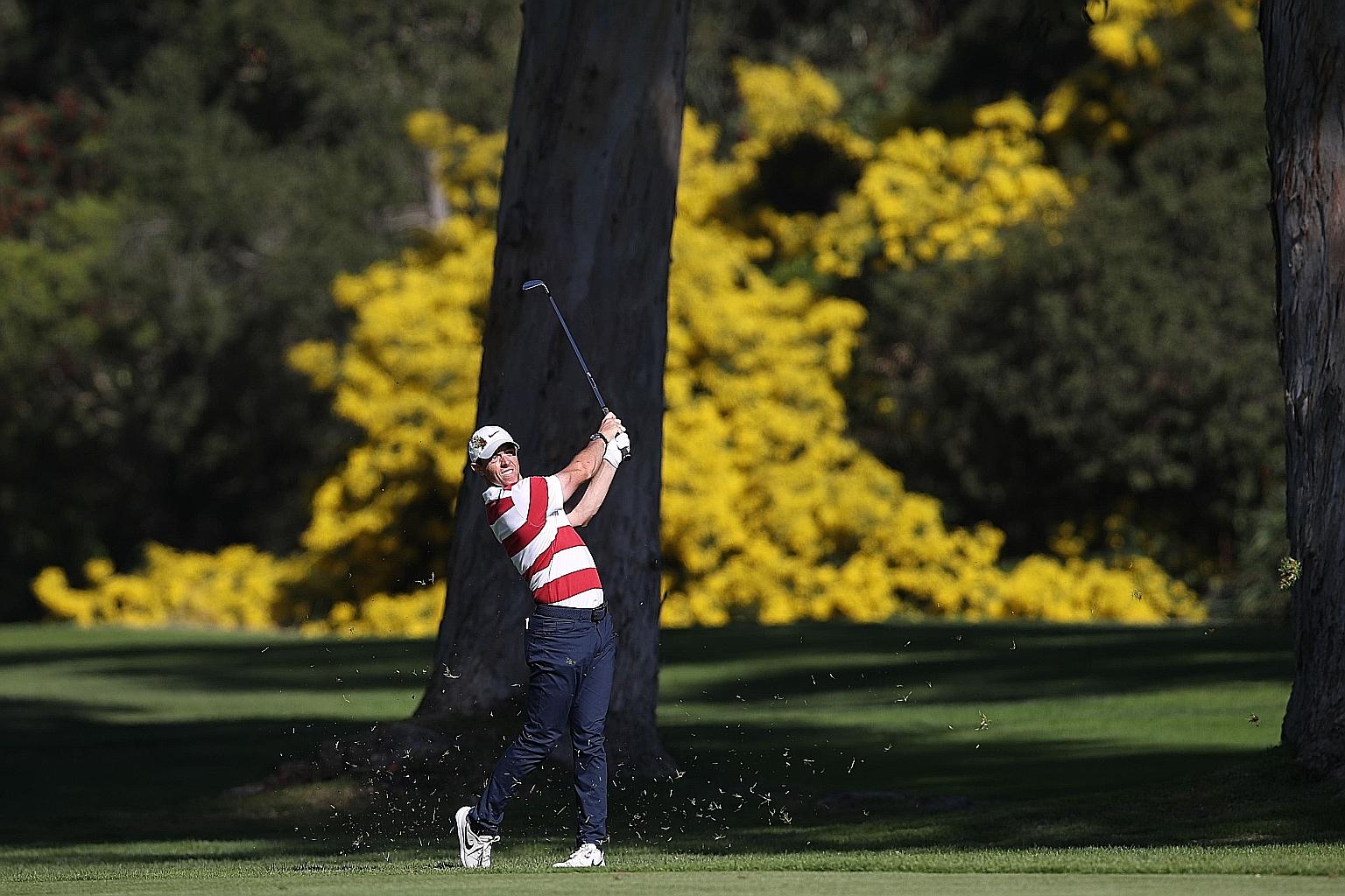Rory McIlroy taking a shot from the 13th fairway during the second round of the Genesis Invitational at Riviera Country Club in Pacific Palisades, California. The Ulsterman is tied for second after 36 holes. PHOTO: AGENCE FRANCE-PRESSE
