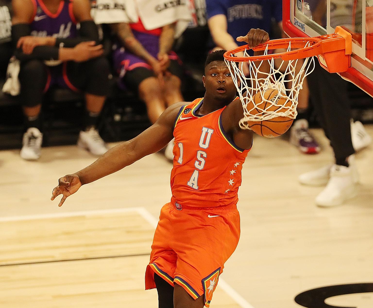 Team USA's Zion Williamson slamming home one of his thunderous dunks during the Rising Stars game at the United Centre in Chicago. PHOTO: REUTERS