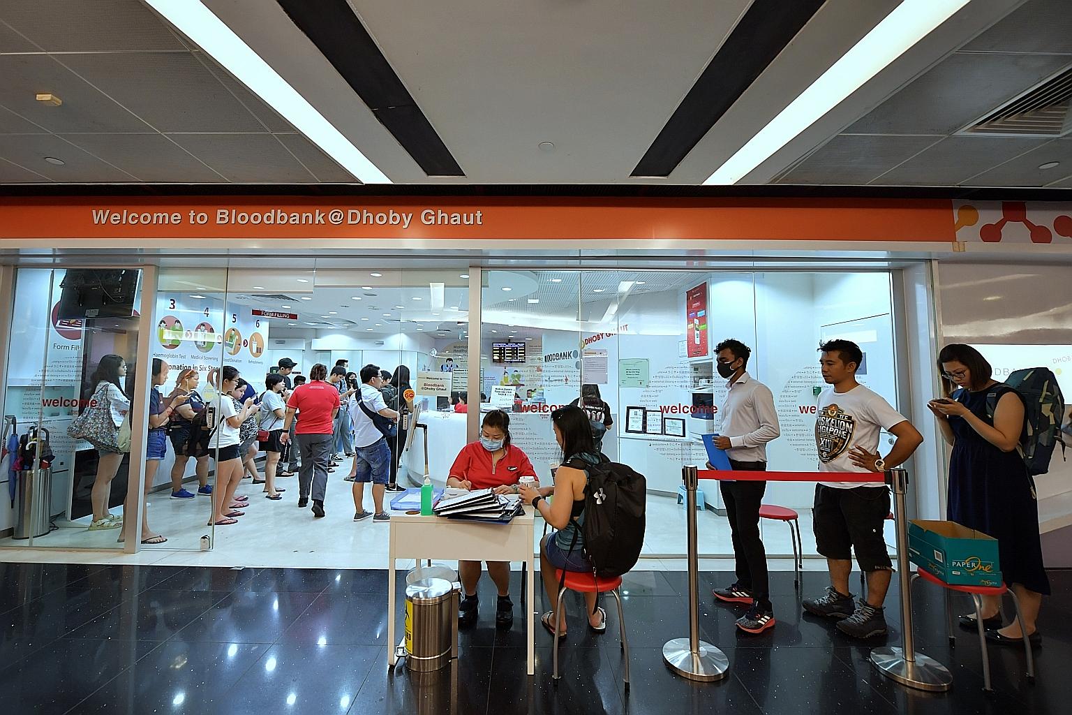 Blood donors at Bloodbank @Dhoby Ghaut yesterday. Donations can also be made at the blood banks at the Health Sciences Authority in Outram, Woodlands and Westgate Tower, as well as at community blood drives across the island.