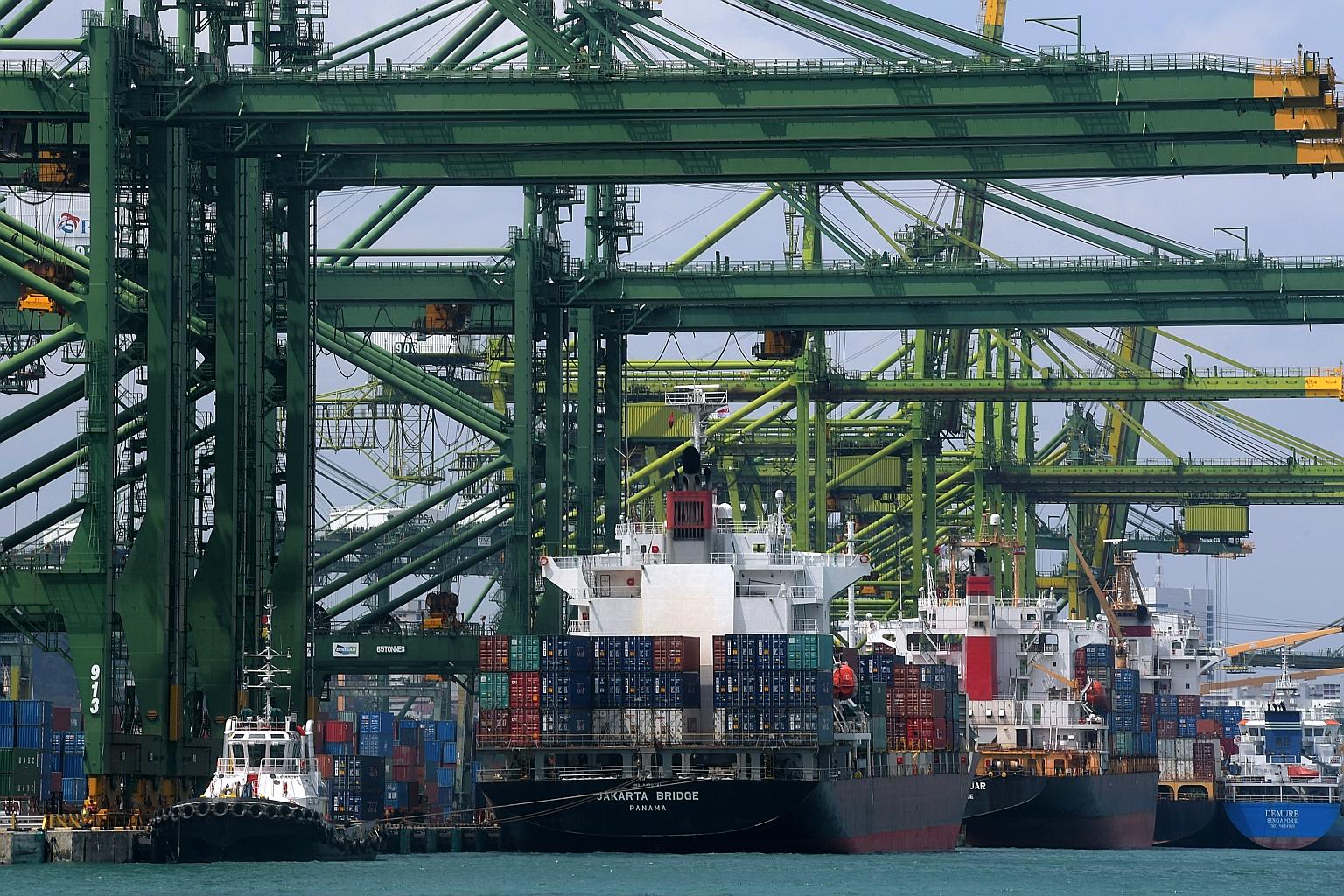 Enterprise Singapore also revised its forecast for total merchandise trade this year to between minus 0.5 per cent and 1.5 per cent. ST PHOTO: JAMIE KOH