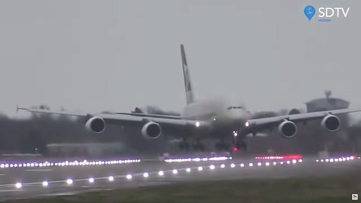 A screen grab from a video showing the Etihad Airways Airbus 380 being blown about by fierce winds as it landed at London's Heathrow Airport last Saturday. Winds of up to 80kmh were recorded at the airport that day.