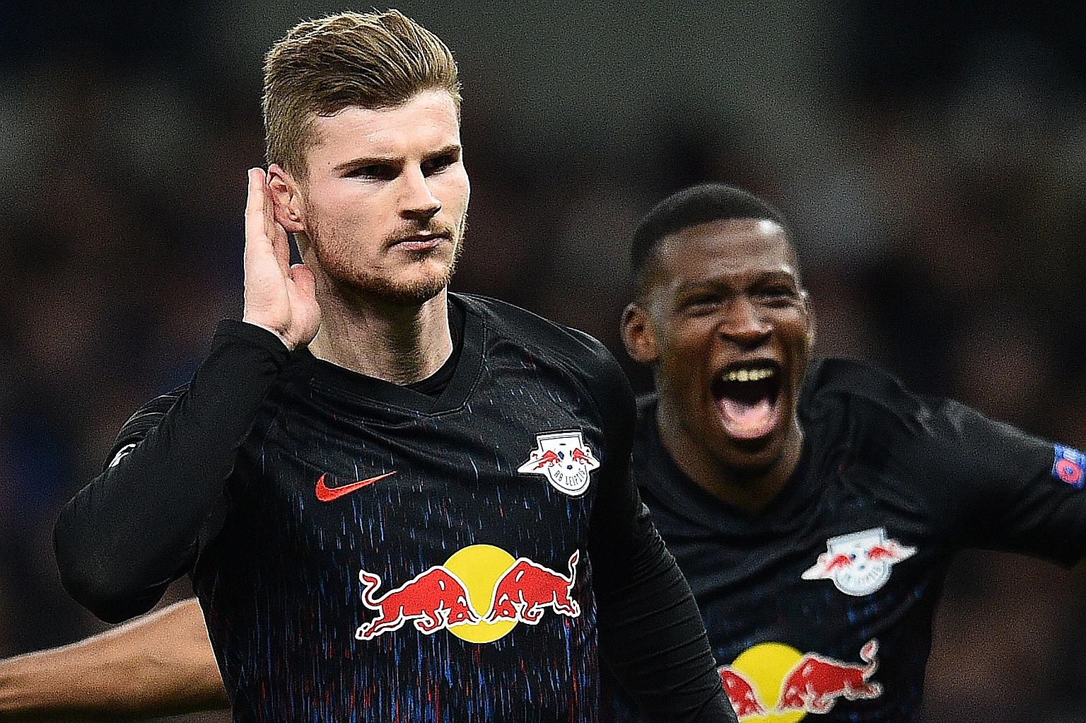 RB Leipzig striker Timo Werner celebrating with defender Nordi Mukiele after scoring in the 1-0 win over Tottenham. PHOTO: AGENCE FRANCE-PRESSE