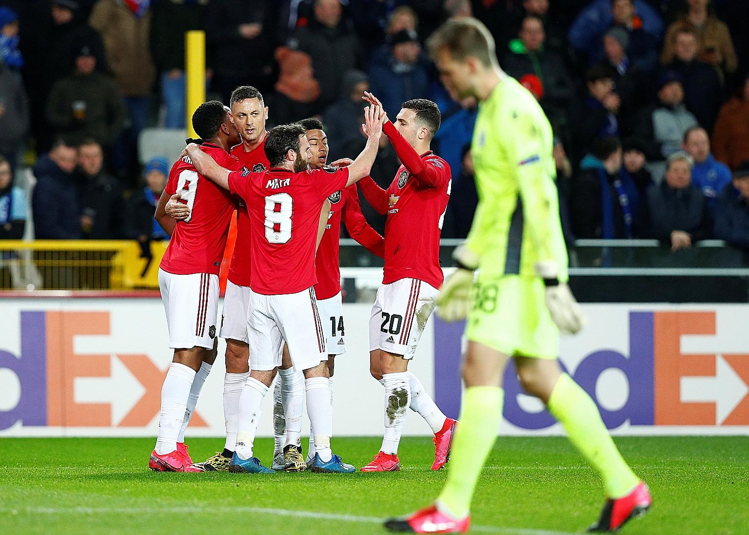 Manchester United are in the driver's seat of their Europa League last-32 tie after Anthony Martial (far left) equalised in the 1-1 draw with Club Brugge on Thursday. The second leg will be played at Old Trafford next week.