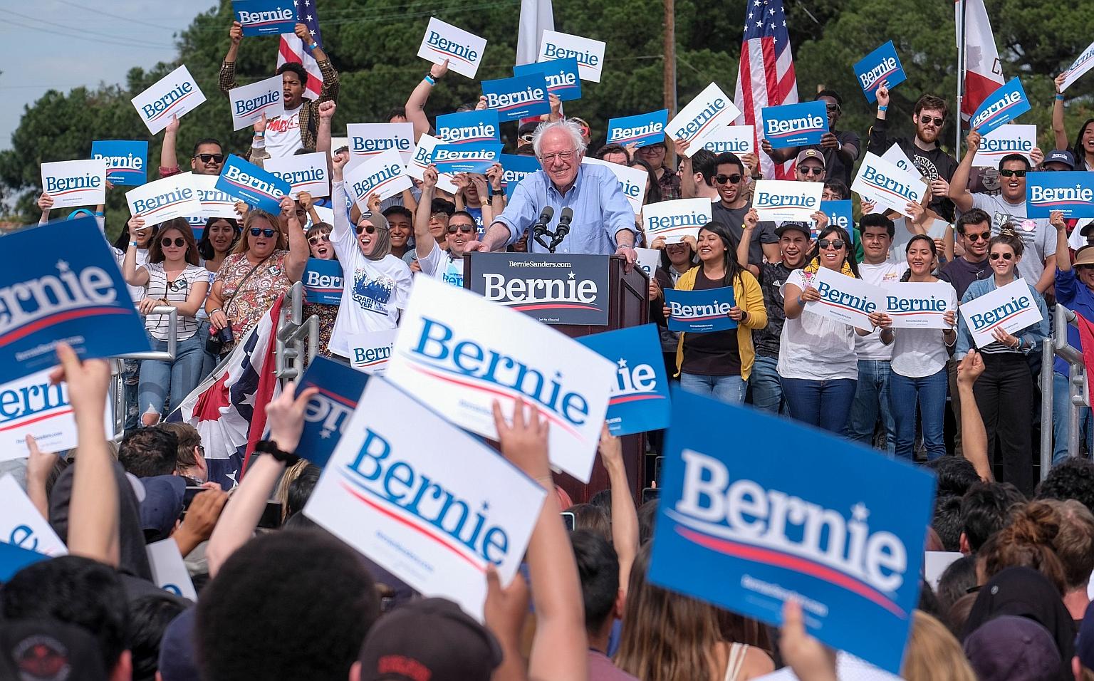 Senator Bernie Sanders addressing supporters at a rally in Santa Ana, California, on Friday. In response to the disclosures about Moscow intervening in the Democratic primaries, he called Russian President Vladimir Putin an "autocratic thug" and warn