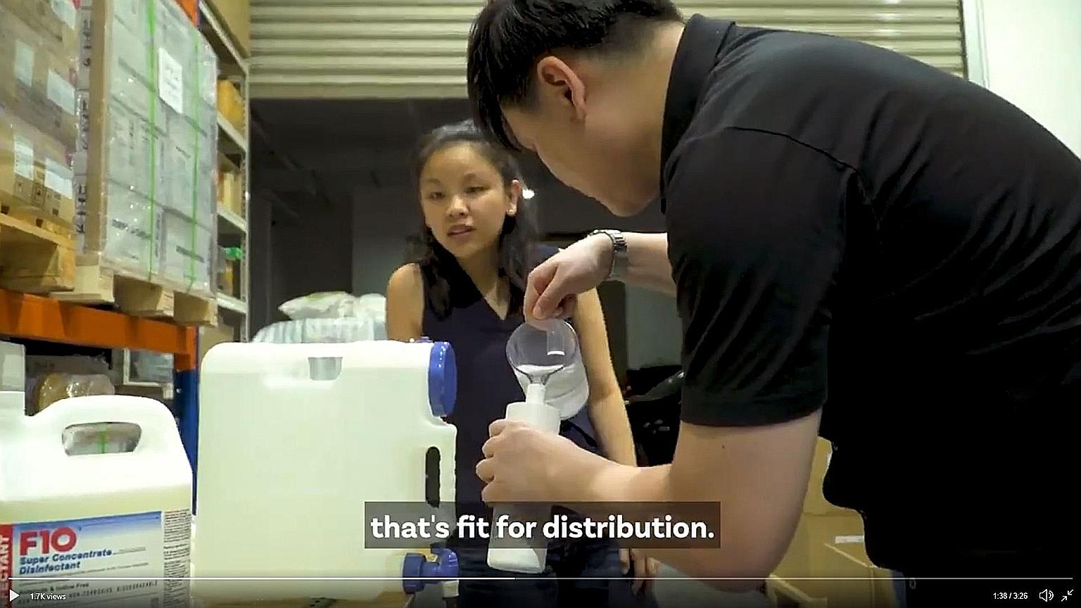 A screengrab from Temasek's Stay Prepared video on Twitter involving staff preparing hand sanitisers for front-line workers.