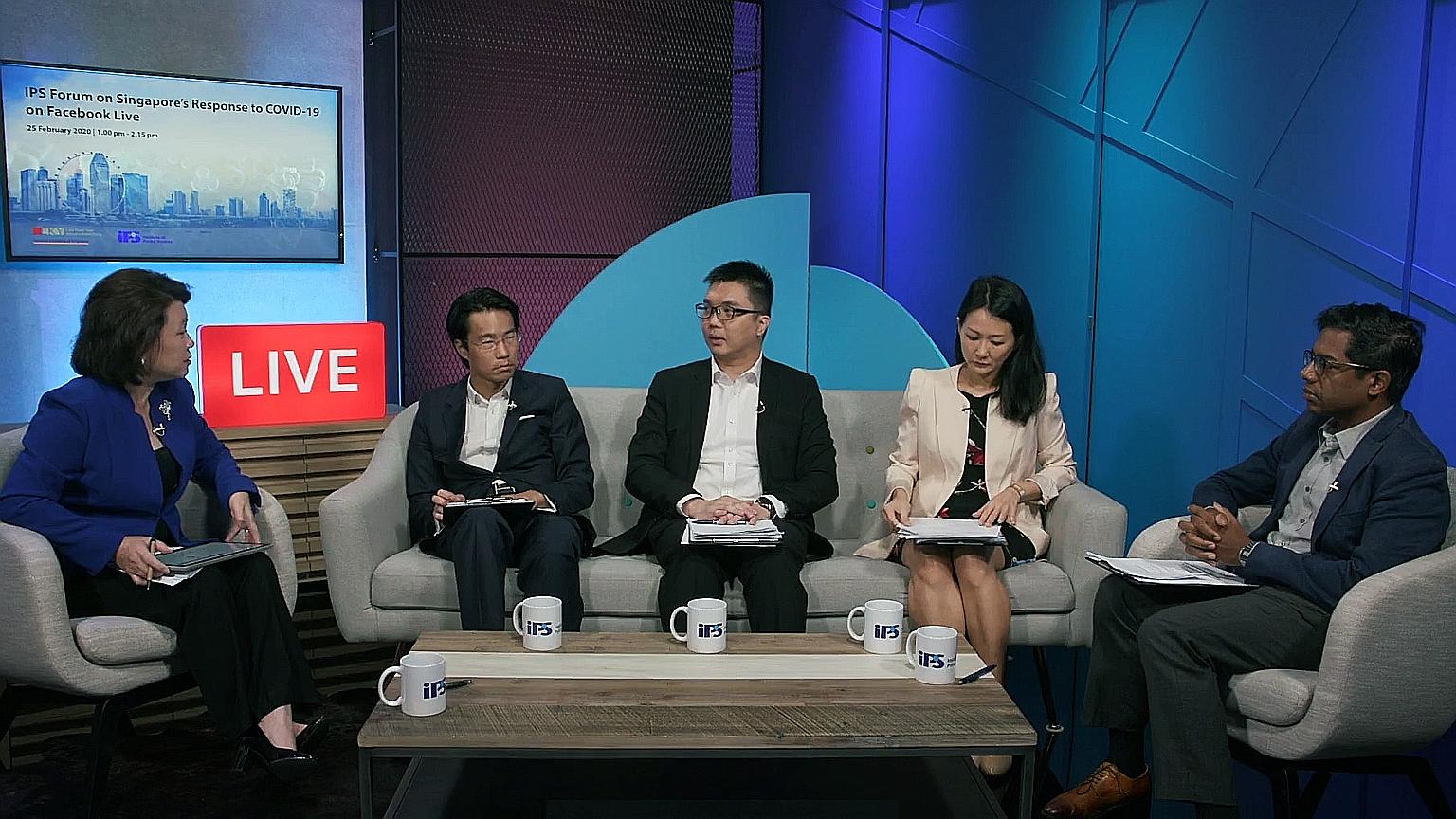 Speaking at the forum held at Facebook's Singapore office yesterday were (from left) moderator Gillian Koh, deputy director for research at IPS, and panellists, Associate Professor Vernon Lee, director of the Health Ministry's communicable diseases d