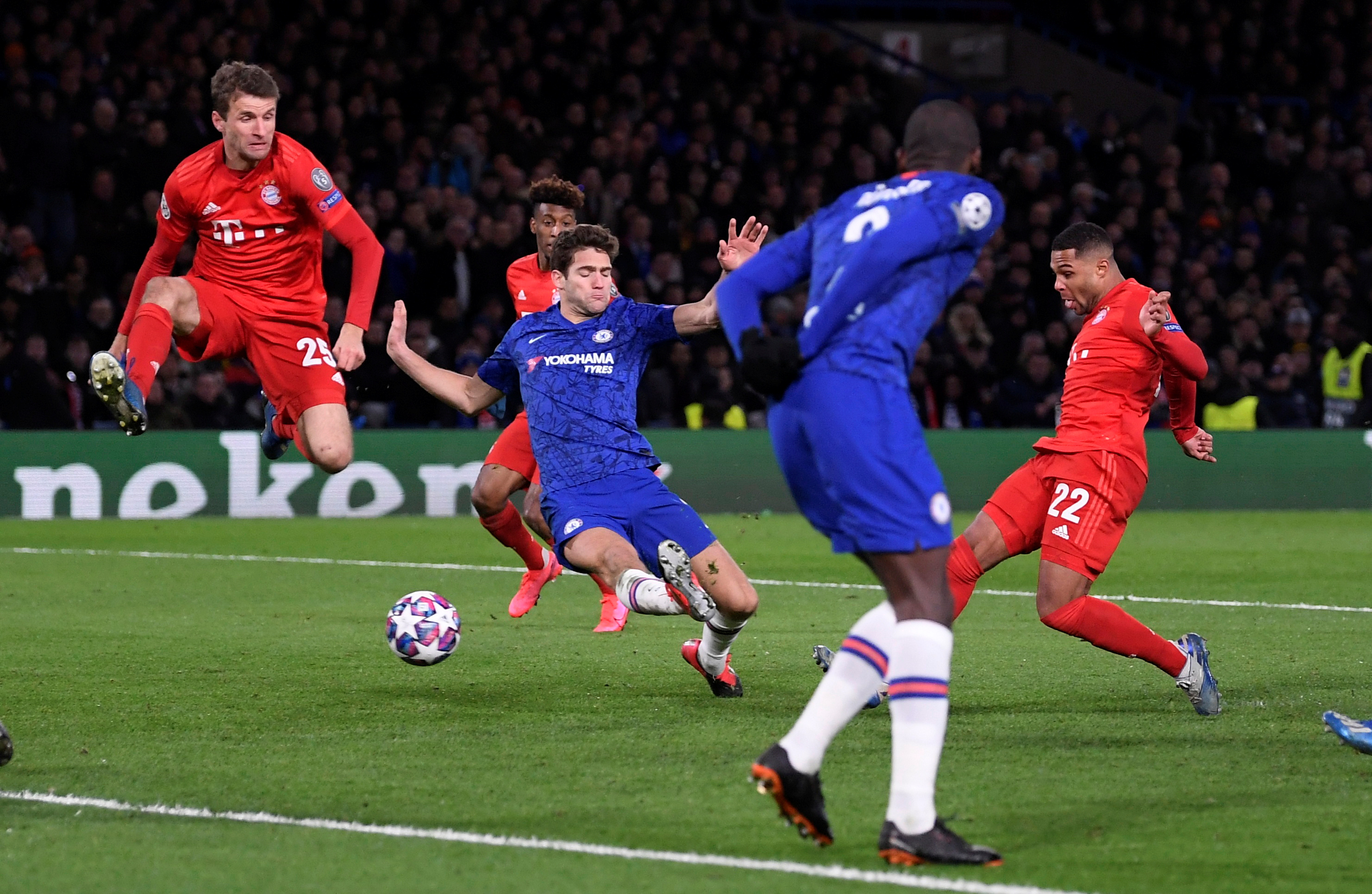 Bayern Munich's Serge Gnabry (far right) scoring the first of his two goals in the 3-0 win over Chelsea on Tuesday. The German winger is the first player in Champions League history to score his first six goals against sides from the same nation. He