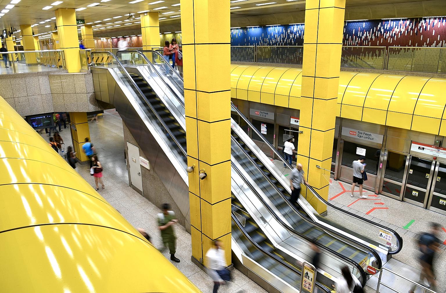 A double-volume space featuring a lofty ceiling is a hallmark of the Toa Payoh station.