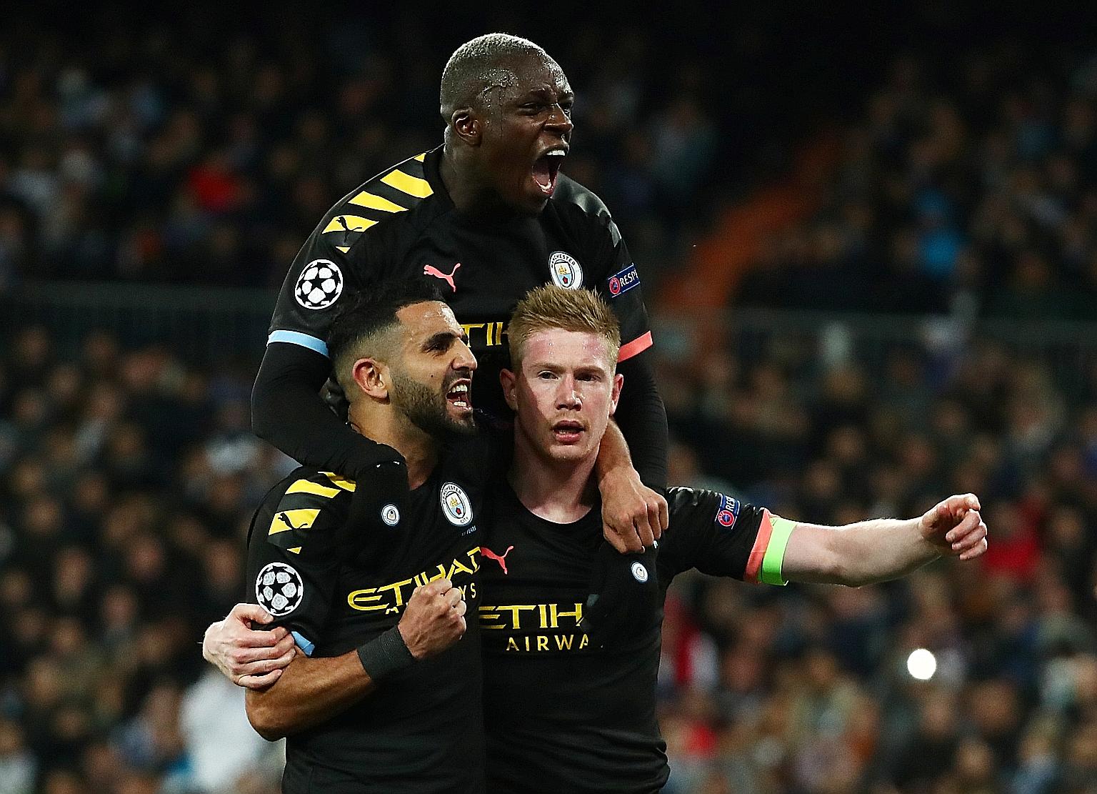Manchester City's stand-in captain Kevin De Bruyne, seen celebrating his winner against Real Madrid with teammates Riyad Mahrez and Benjamin Mendy, will head to Wembley in buoyant mood after their Champions League win. City are winners of the last tw