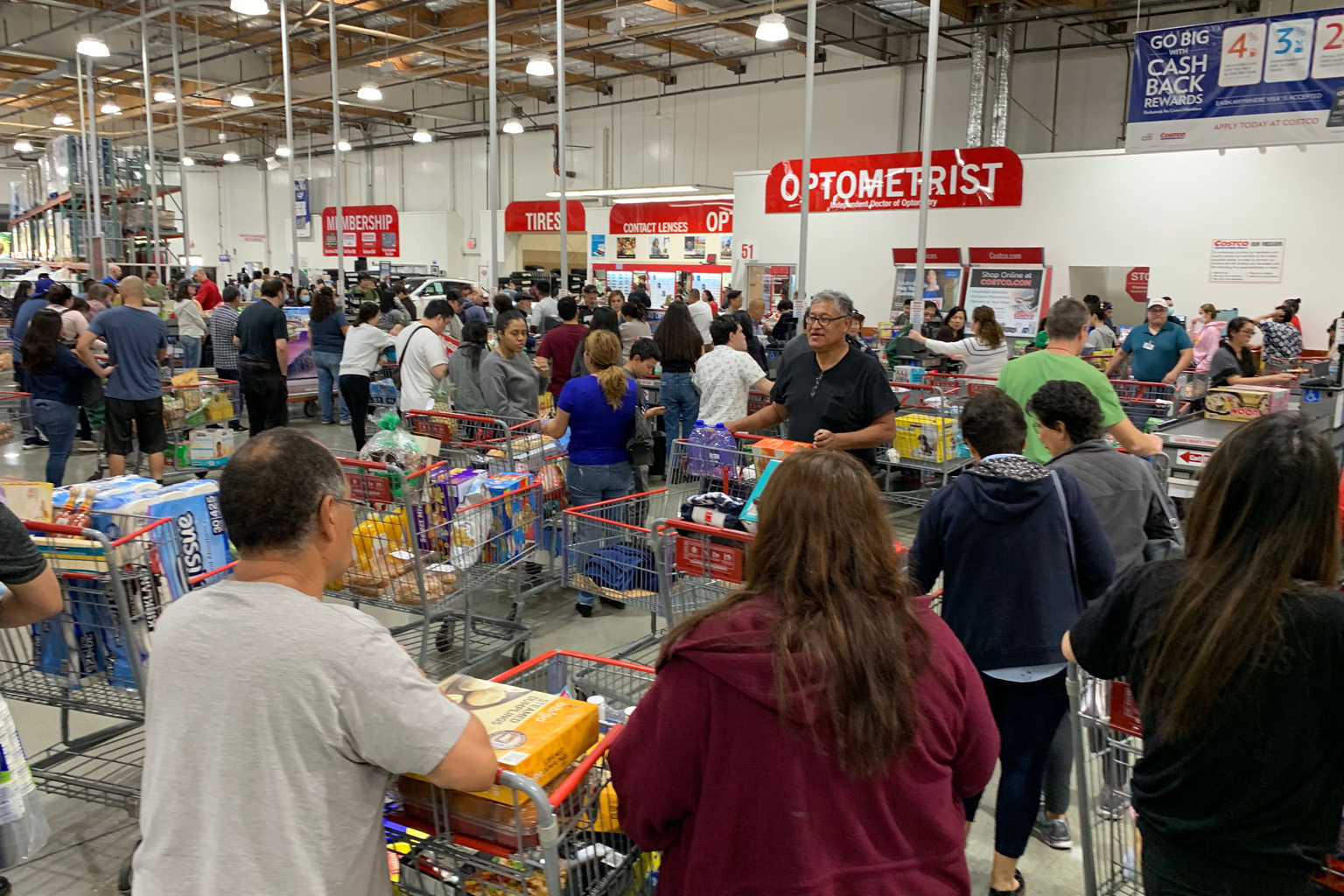 Shoppers stocking up on toilet paper, food and water on Saturday in Los Angeles, California, as Americans began to fear supplies would be affected by the spread of the coronavirus across the country. Declaring a pandemic essentially means accepting t
