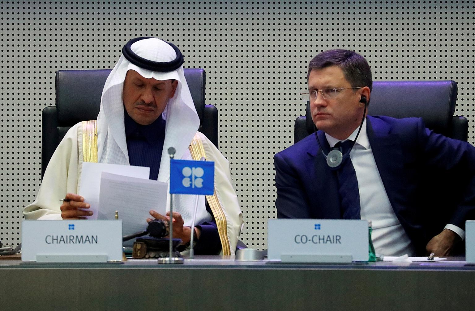 Saudi Energy Minister Abdulaziz bin Salman Al-Saud and his Russian counterpart Alexander Novak at an Opec and non-Opec meeting in Vienna, Austria, in December. The success of this week's Opec summit will hinge on the alliance between Saudi Arabia and