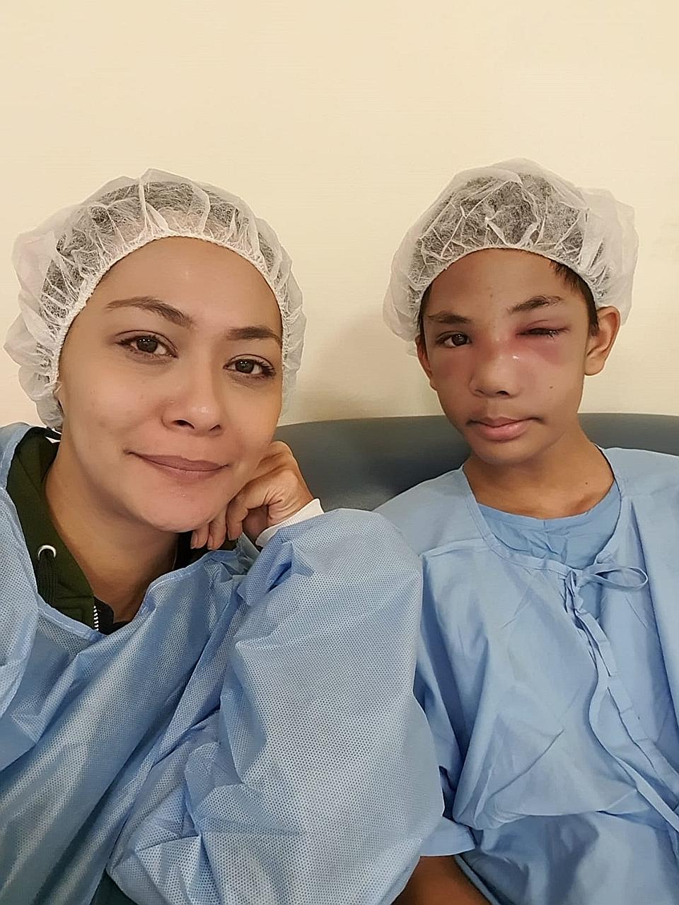Miss Noridayu Zainuddin and son Imann, who was injured after getting hit in the face on Feb 18 by one of his religious teachers at the Maahad Tahfiz Wattarbiyah school in Selangor, Malaysia. The teen is getting better at KK Women's and Children's Hos
