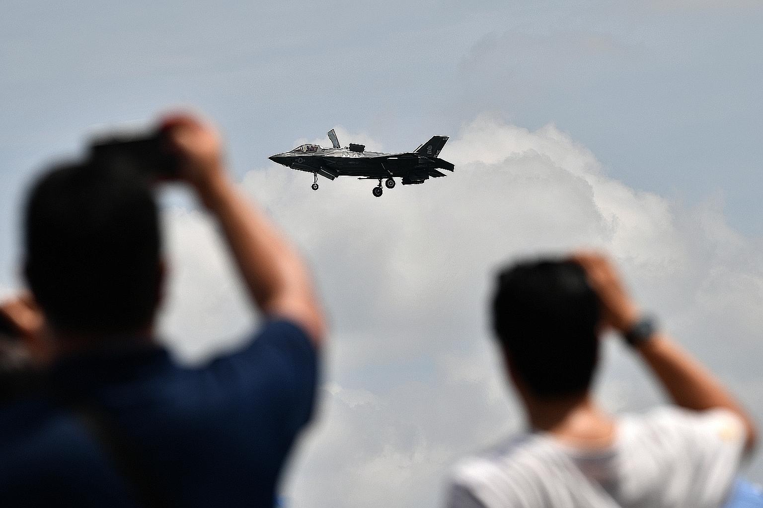 The United States Marine Corps' F-35B Joint Strike Fighter performing during the flying display at Singapore Airshow on Feb 16. Singapore is buying four F-35Bs, with an option for eight more.