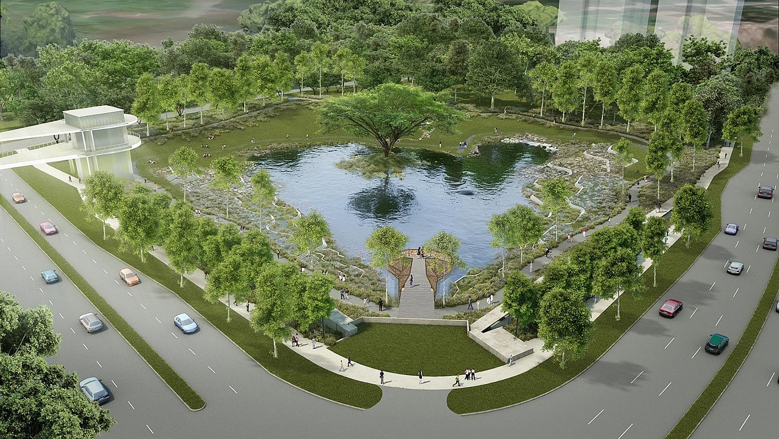An artist's impression of Alkaff Lake in Bidadari estate. In dry weather, its grassy banks will make a perfect communal space for residents of the area. But the artificial lake will be designed as more than just a pretty spot to hang out at. It is al
