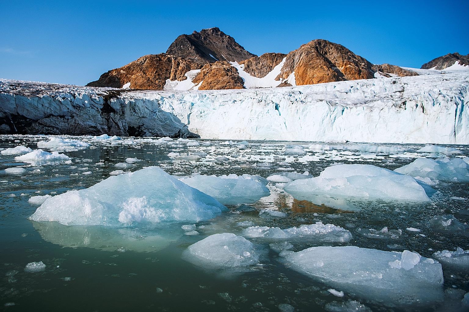 The Apusiajik glacier on the south-eastern shore of Greenland. The rapid melting of the Greenland ice sheet has been dumping huge amounts of freshwater into the far North Atlantic, reducing the amount of cold, salty water sinking to the depths, there