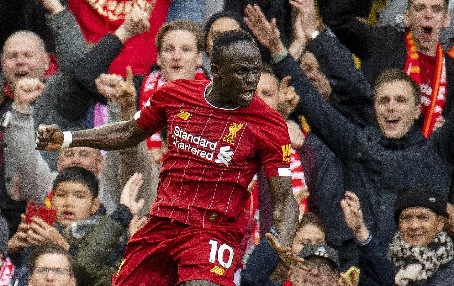 Liverpool's Sadio Mane celebrating his goal against Bournemouth last Saturday. The Reds' bid to rewrite Manchester United's record for the earliest Premier League title-winning date of April 14 is now in doubt. PHOTO: EPA-EFE