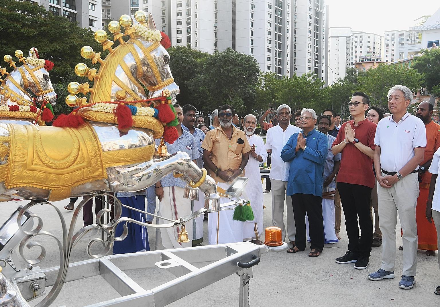 A chariot procession was held in Sengkang yesterday to mark the 14th anniversary of the Arulmigu Velmurugan Gnanamuneeswarar Temple. The annual procession - shorter than usual in the light of the coronavirus outbreak - began at the Hindu temple in Ri