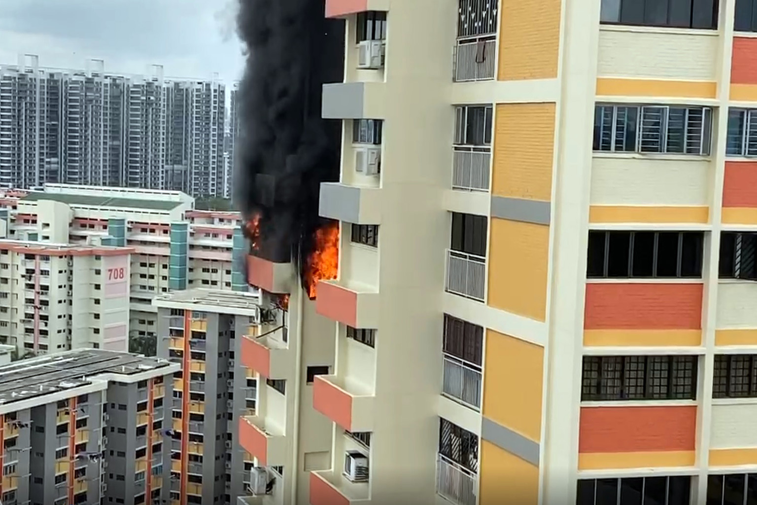 Huge flames and thick smoke could be seen billowing from a 19th-floor unit at Block 724 Clementi West Street 2 at about 3.20pm yesterday. The external walls above the affected unit were charred as a result of the fire, which involved the contents of 