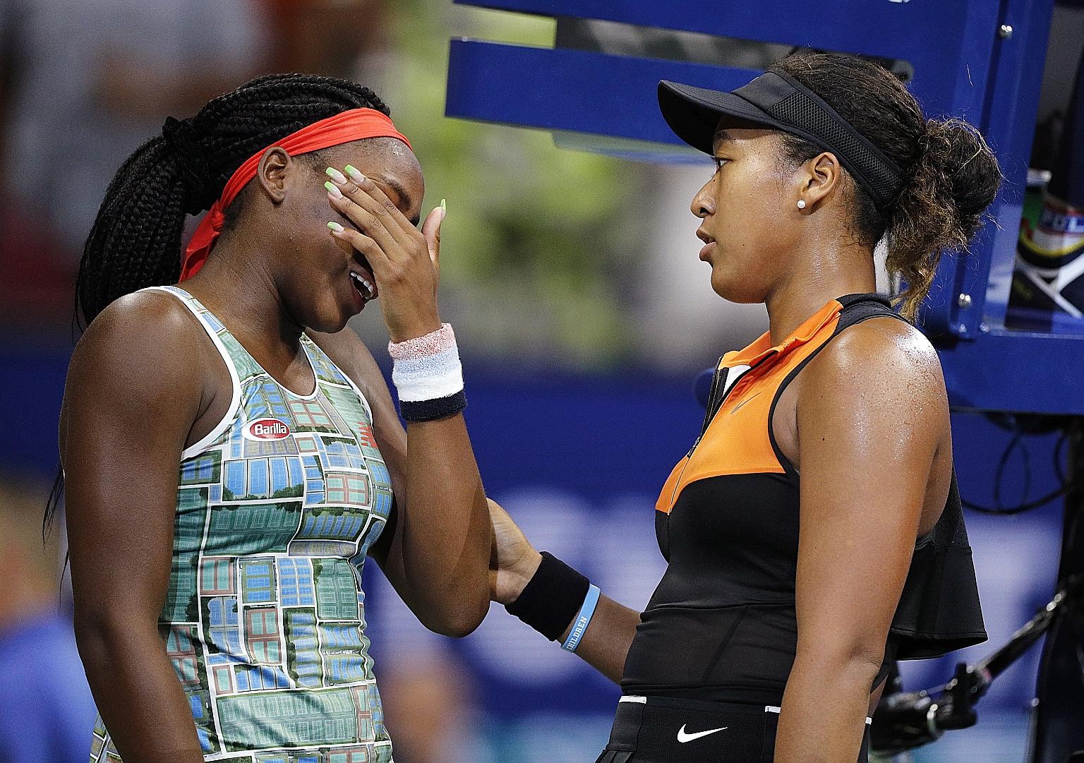 Left: Japanese Naomi Osaka consoling Coco Gauff after beating her at the US Open in New York last August. The American teen won their next Grand Slam encounter at the Australian Open in Melbourne in January, also in the round of 32. PHOTO: EPA-EFE Be
