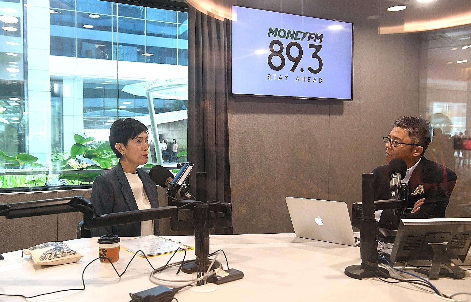 Manpower Minister Josephine Teo at a radio interview with Money FM 89.3's Bernard Lim yesterday.