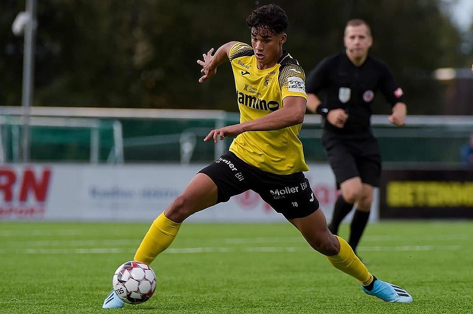 Singapore forward Ikhsan Fandi on the attack for his Norwegian second-tier club Raufoss. He enjoyed his experience training with top-tier side Start but a possible move is on hold owing to the coronavirus crisis. PHOTO: INSTAGRAM/ IKHSANFANDI
