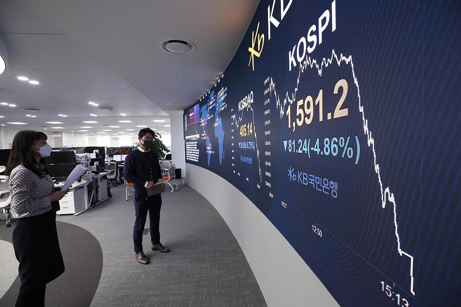 Dealers at KB Kookmin Bank, where an electronic signboard showed the benchmark Korea Composite Stock Price Index dropping for the sixth consecutive session on Wednesday. South Korea has warned of a global credit crunch and said it was setting up cris