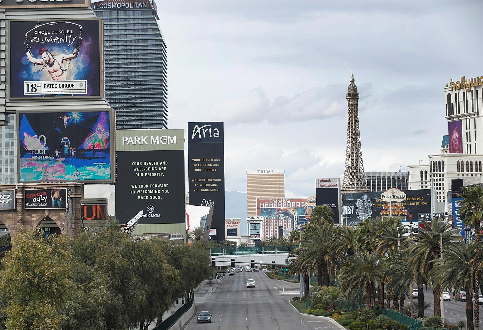 Messages put up by casinos on the Las Vegas Strip after all non-essential businesses in Nevada state, including casinos, were ordered to close in a bid to slow the spread of the coronavirus. President Donald Trump, when asked about his increasingly f