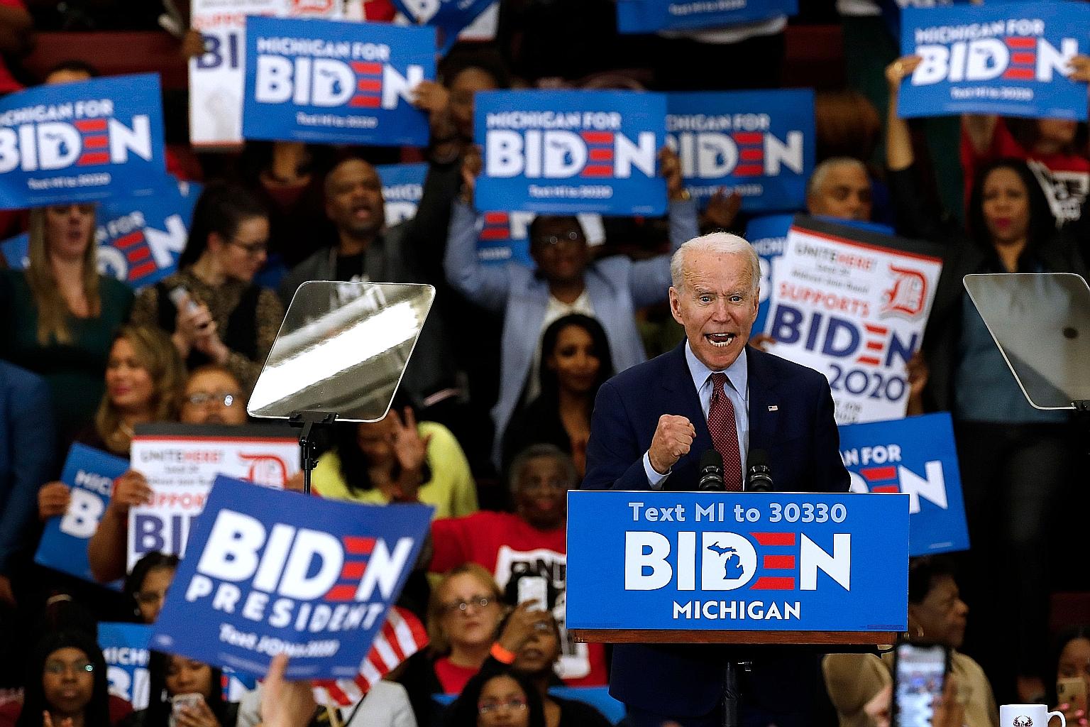 Democratic presidential contender Joe Biden at a campaign rally in Michigan earlier this month. While de facto presidential nominees typically keep their list of potential running mates close to their chest, the former United States vice-president ha