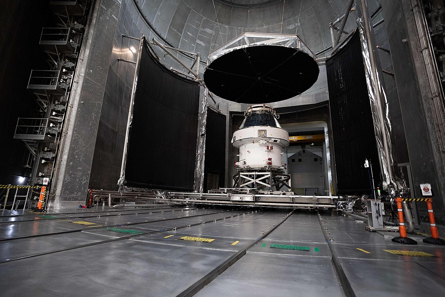 The Orion spacecraft at Nasa's Plum Brook Station in Ohio last week. On Thursday, it was announced that the manufacture and testing of the Space Launch System and Orion would be suspended.