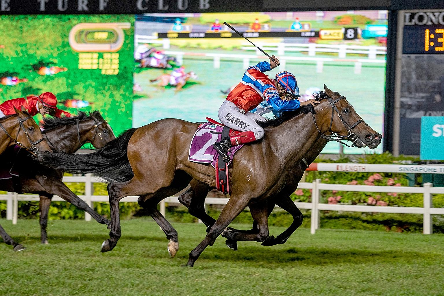 Siam Blue Vanda getting up to nab stablemate Top Knight (obscured) in last night's $400,000 Group 2 Stewards' Cup over 1,600m.