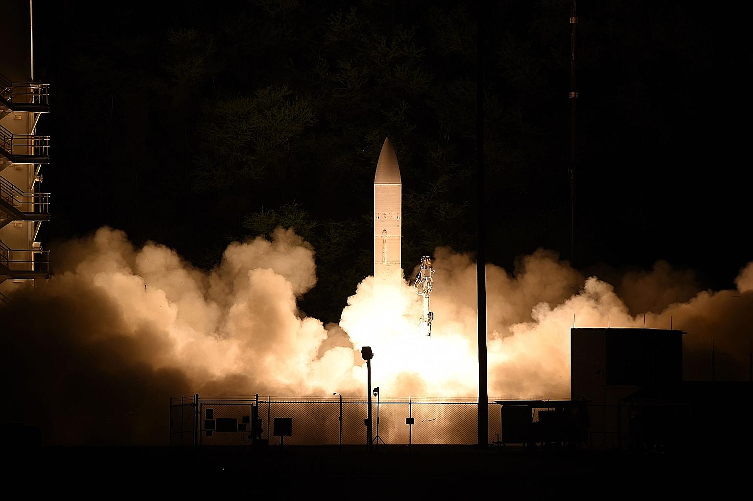 A missile launched from a United States facility in Hawaii. The Pentagon said on Friday a test glide vehicle flew at hypersonic speeds - more than five times the speed of sound - to a designated impact point.