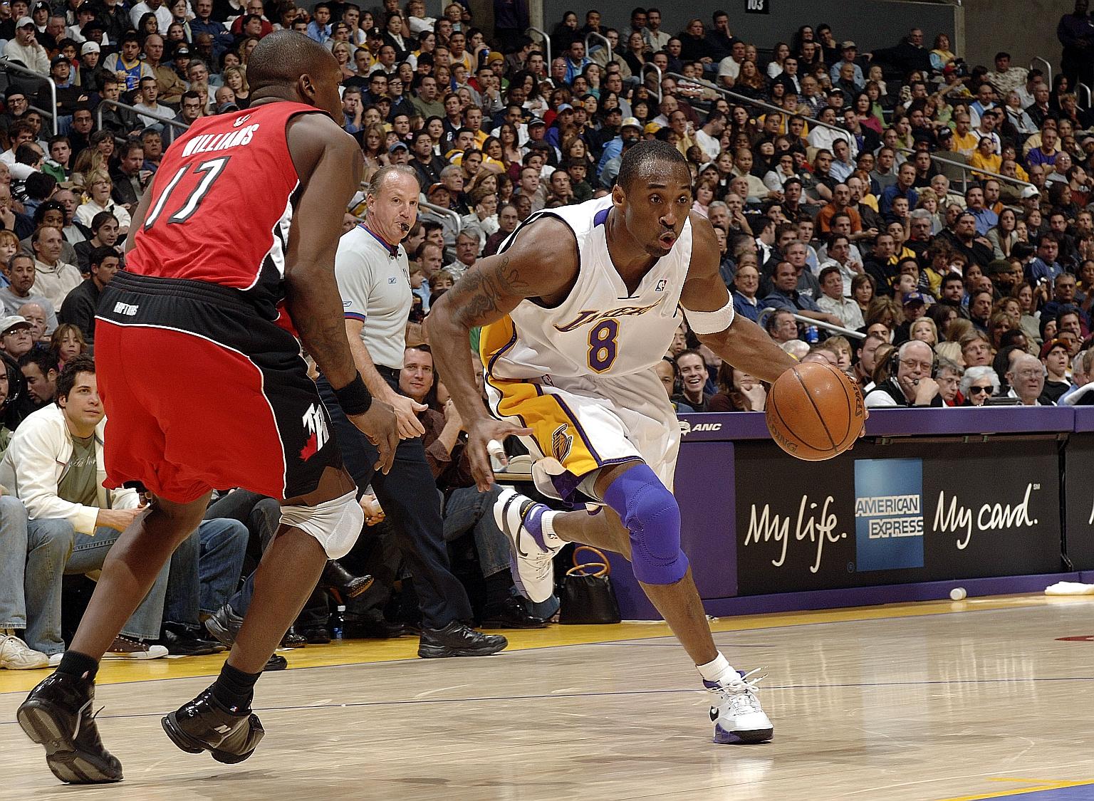 Kobe Bryant of the Los Angeles Lakers battling his way to an 81-point performance against the Toronto Raptors on Jan 22, 2006. The Lakers won 122-104 and Bryant's stunning display was behind only Wilt Chamberlain's 100-point performance. Just over 14