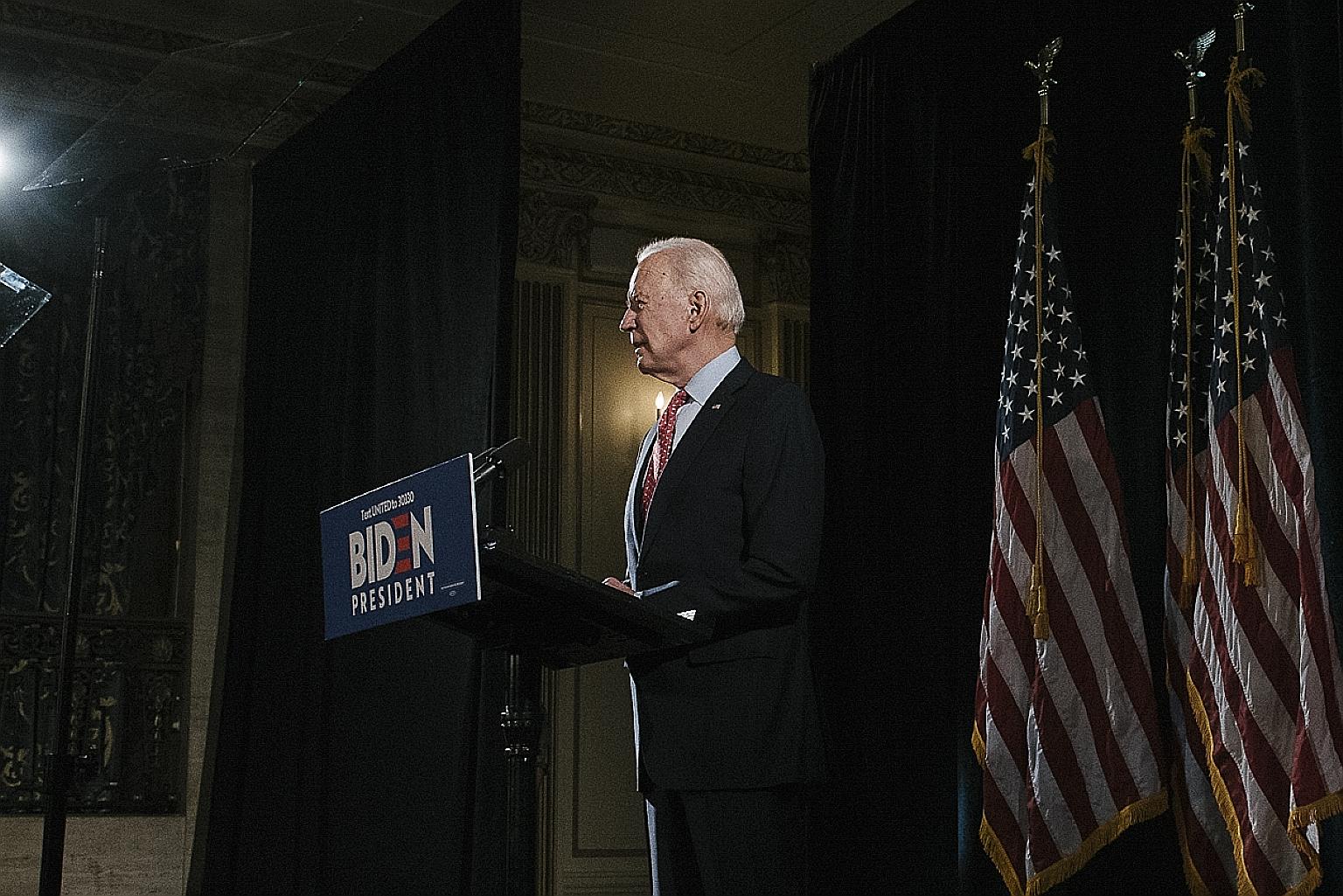Democratic presidential front runner Joe Biden at a news conference on March 12. He said on Sunday that he has discussed his list of running mates with former president Barack Obama. PHOTO: NYTIMES