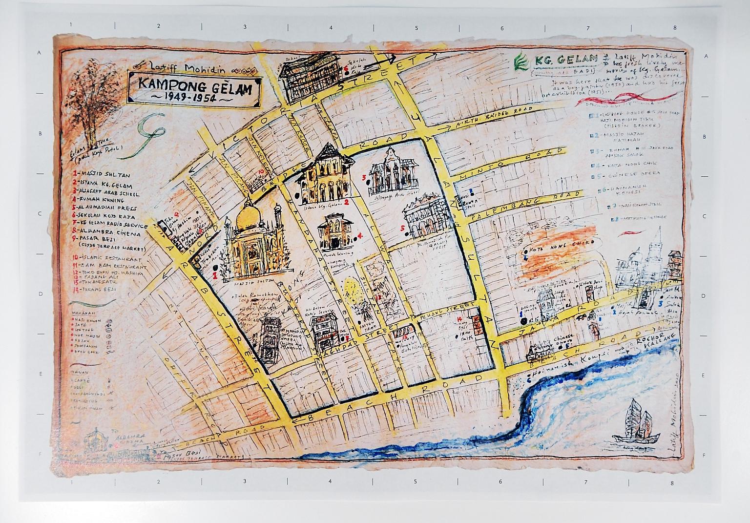 This hand-drawn map of the Kampong Gelam neighbourhood, featured in Latiff Mohidin: Pago Pago, is a detailed depiction of the Malaysian artist's memories of the neighbourhood in Singapore where he grew up, complete with annotations for his favourite