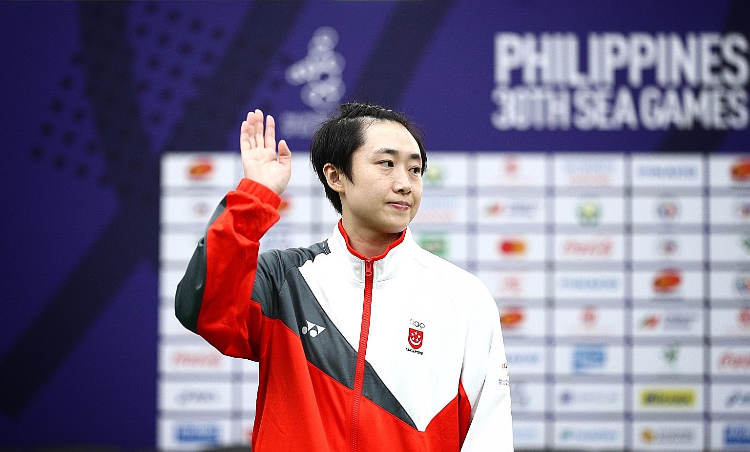 Singapore paddler Feng Tianwei during the victory ceremony at the SEA Games last year, when she won women's singles silver.