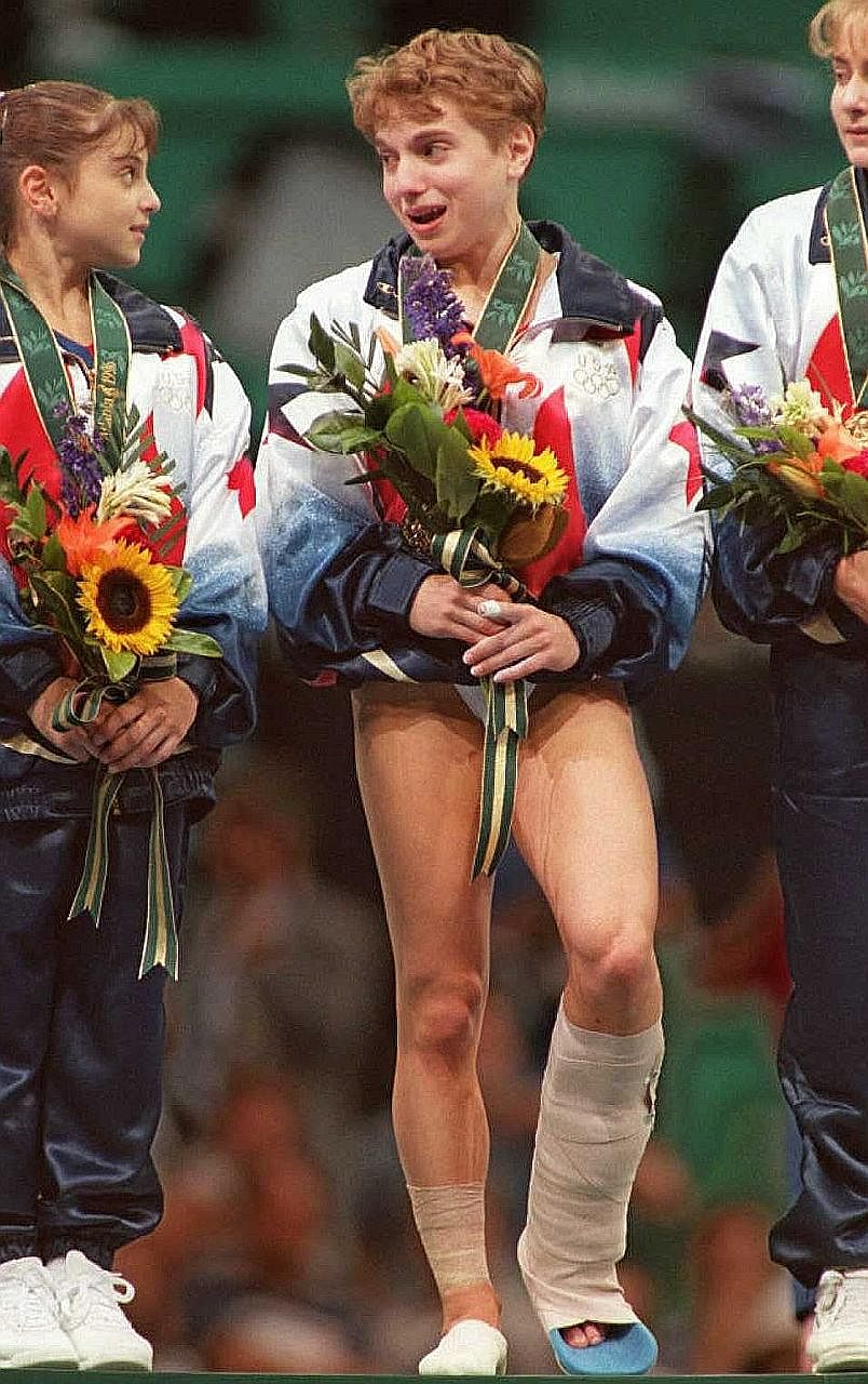 From far left: Allyson Felix runs at last year's World Championships after becoming a mother. Kerri Strug with a heavily bandaged ankle on the podium at the 1996 Olympics. Height was an obstacle 1.6m-tall Tyrone Bogues worked around during his NBA ca