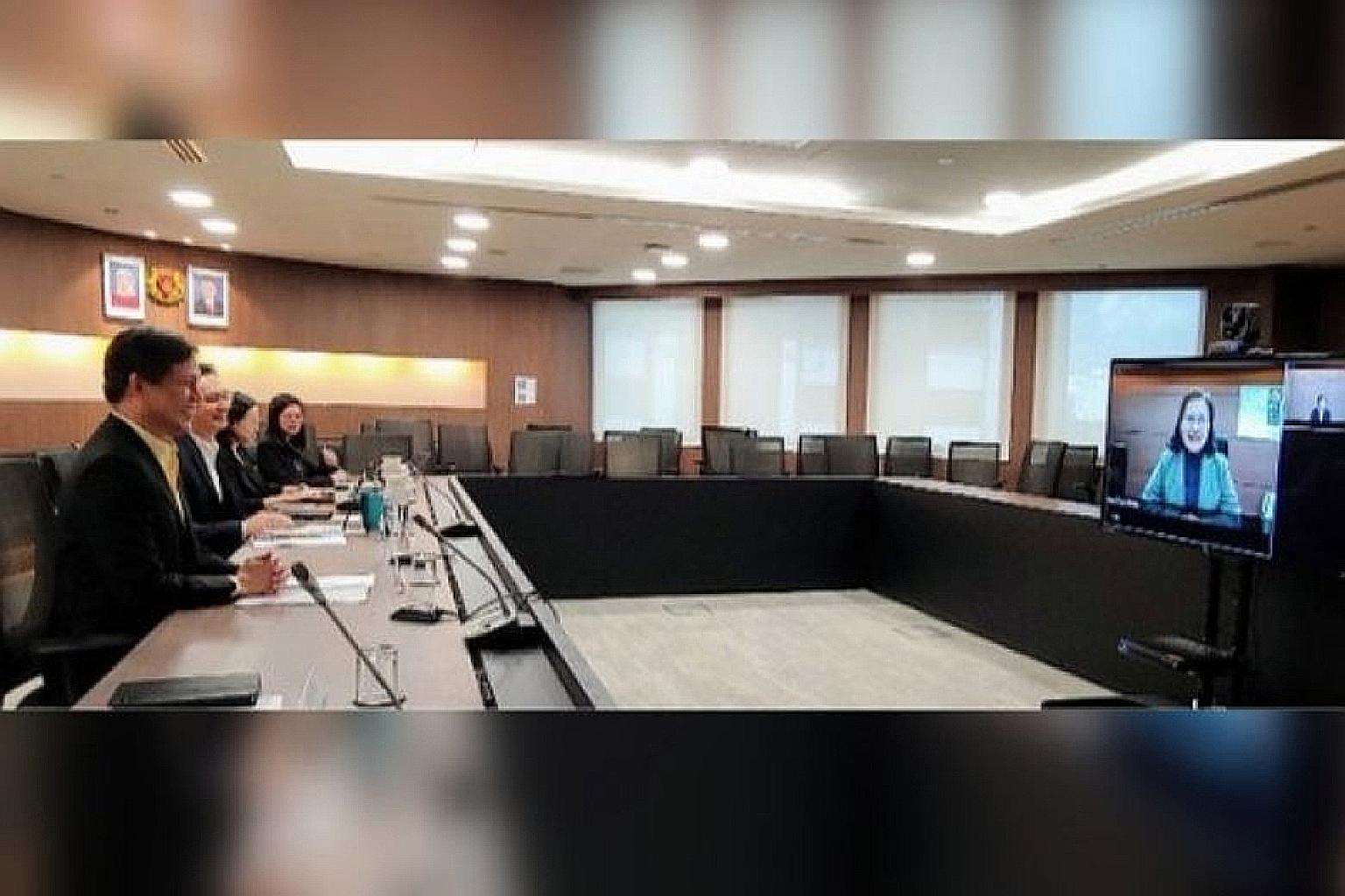 Singapore Trade and Industry Minister Chan Chun Sing (left) speaking with South Korean Trade Minister Yoo Myung-hee in a video conference yesterday.
