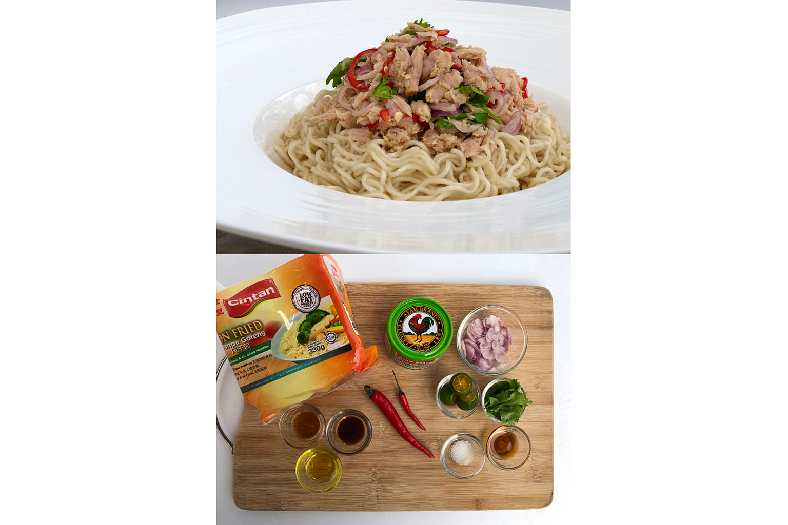 This Thai-inspired dish can be made using canned tuna chunks and non-fried instant noodles.