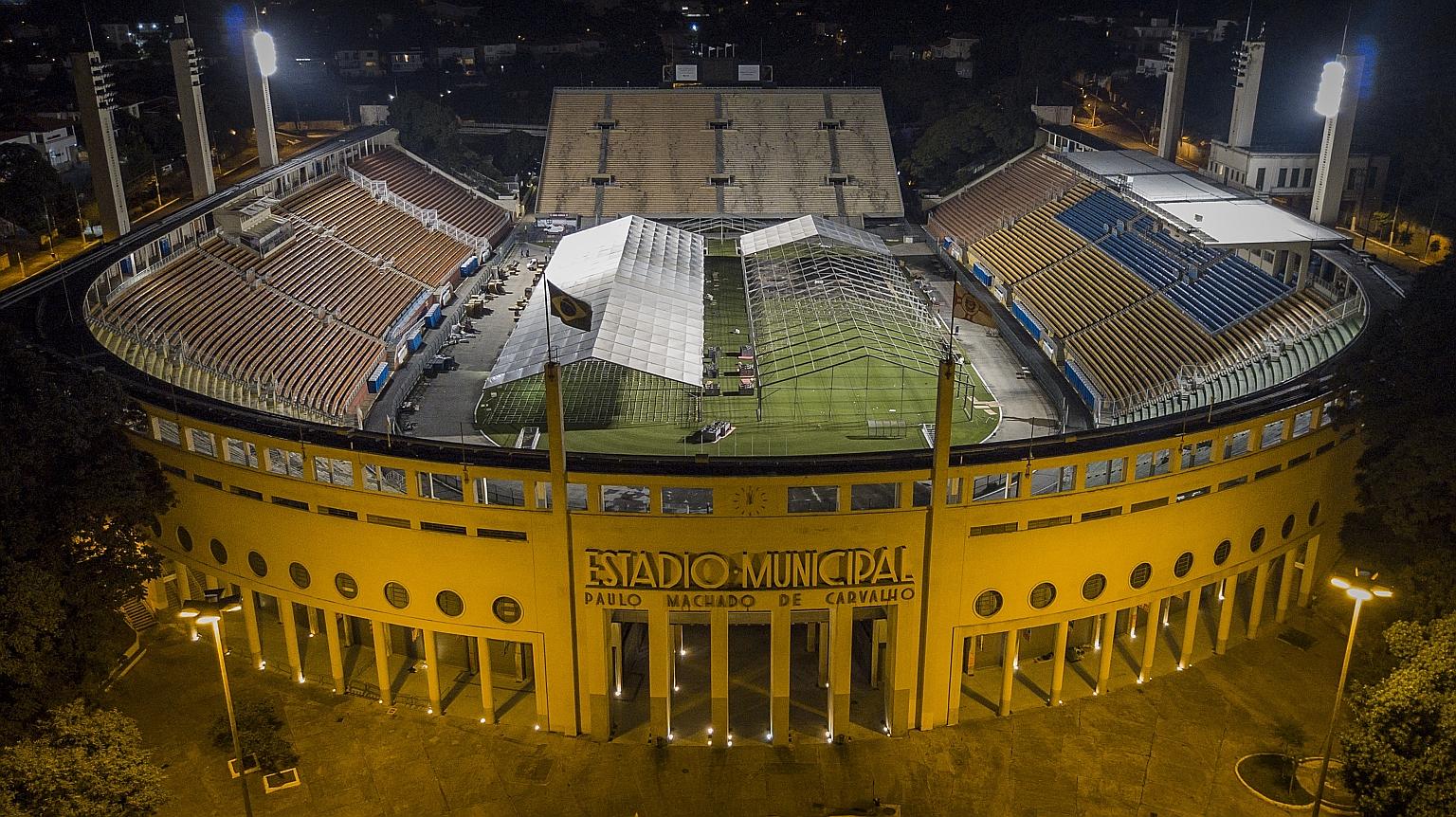 Construction work has begun on a 200-bed field hospital in the Pacaembu municipal stadium in Sao Paulo, which will be used to deal with an expected surge in Covid-19 cases in Brazil. PHOTO: BLOOMBERG