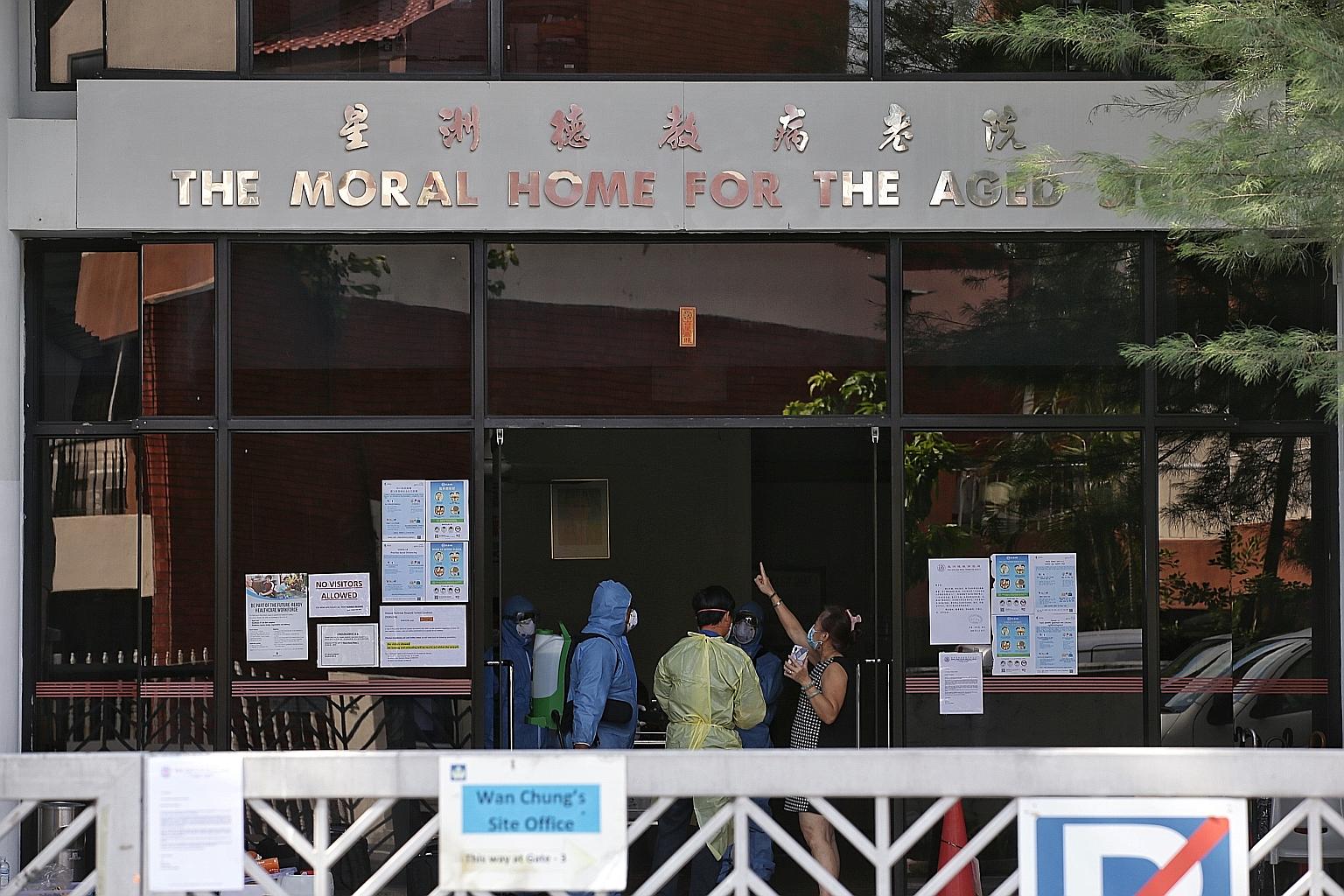 Above: Disinfecting procedures taking place yesterday at the Moral Home for the Aged Sick in Jalan Bilal, where one employee has tested positive for the virus. All nursing homes will not accept visitors until April 30.