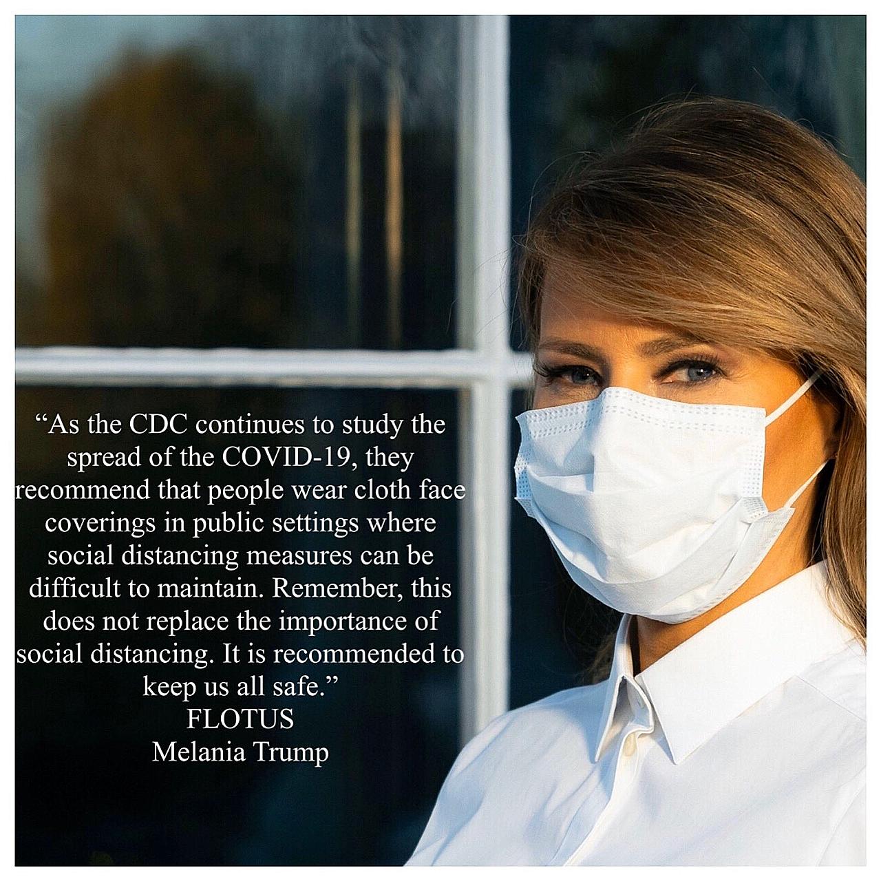US First Lady Melania Trump wearing a face mask on Twitter. PHOTO: MELANIA TRUMP/TWITTER