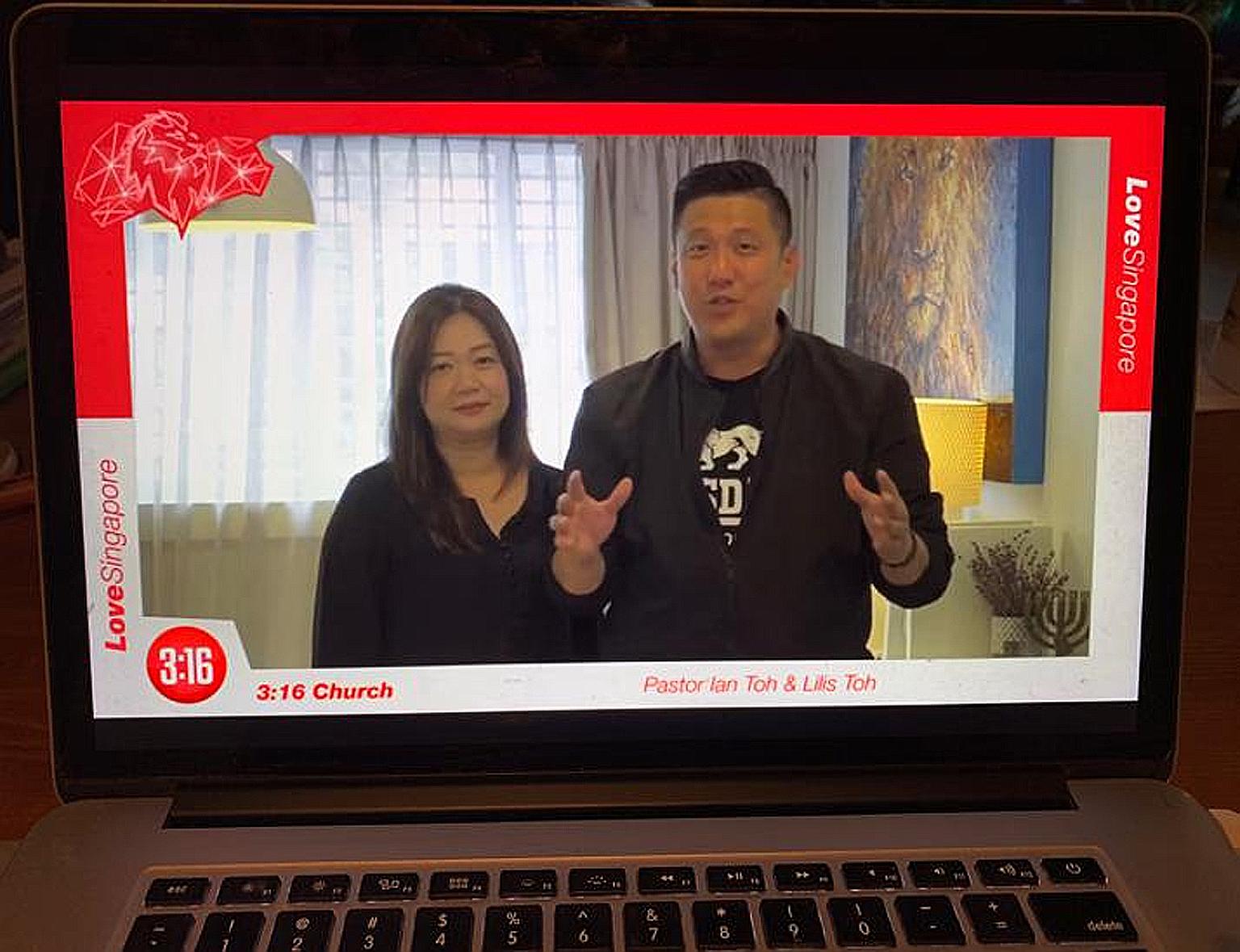 Pastor Ian Toh of 3:16 Church, with his wife, Lilis, leading an online Good Friday service as part of LoveSingapore's nationwide prayer drive yesterday. More than 100 churches signed up for one-hour slots of prayer, from 10am to 10pm, asking God for